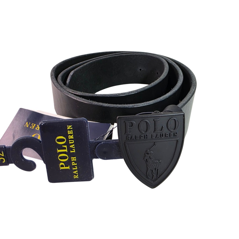 Polo Ralph Lauren Mens Leather Belt Black Matte Carryover Shield Buckle Size 32